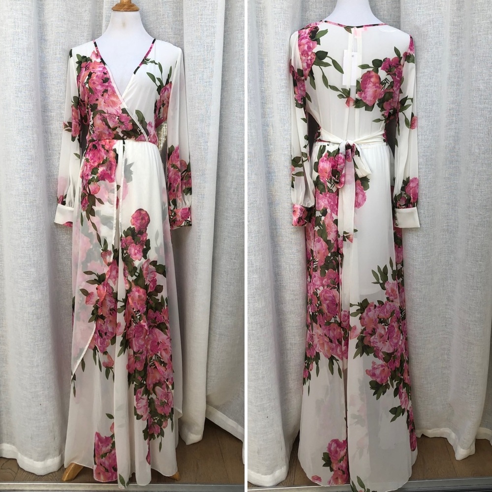 NWT Maxi white and pink floral peonies long sleeve sheet dress by XTaren